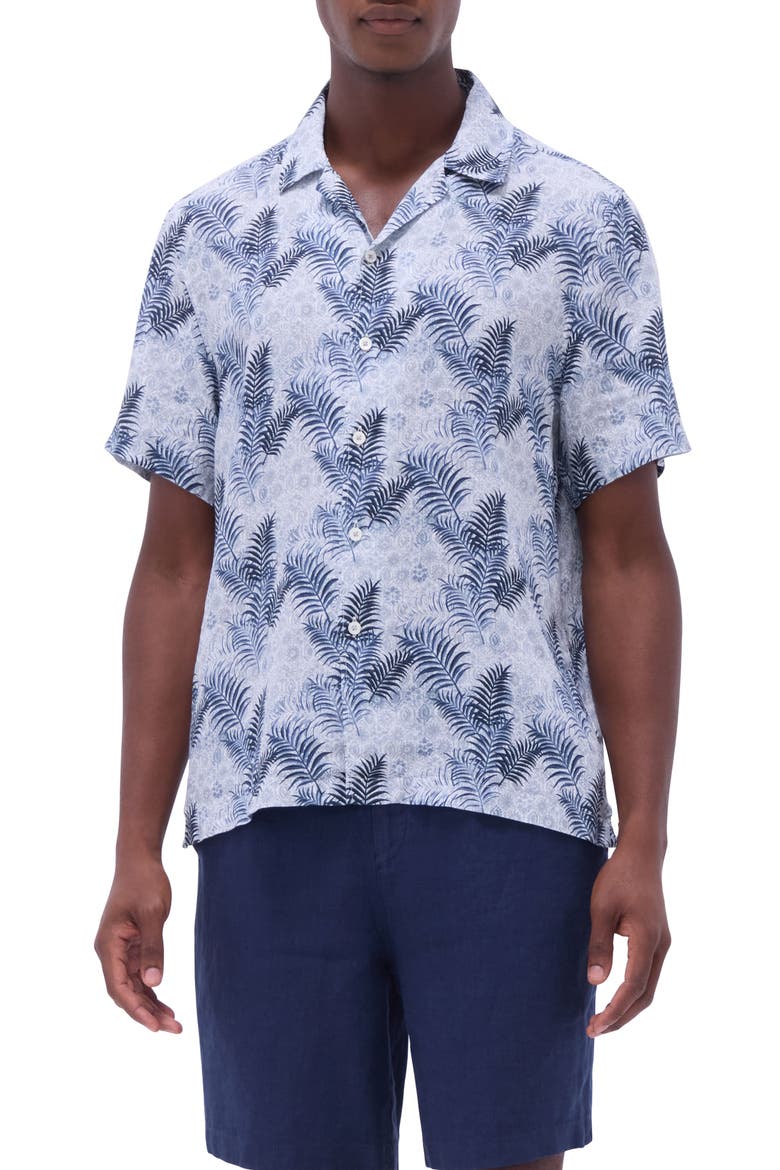 Jackson Floral Leaf Print Linen Camp Shirt, Main, color, TEAL