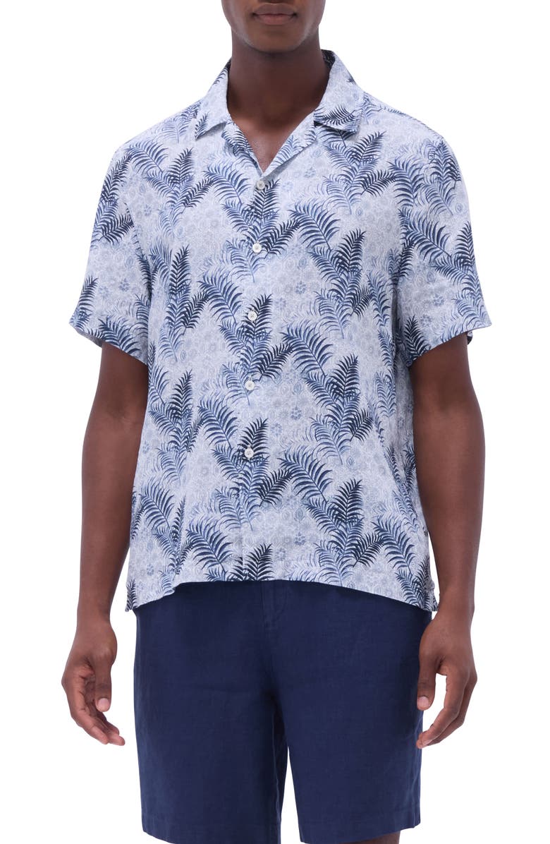Bugatchi Jackson Floral Leaf Print Linen Camp Shirt, Main, color, Teal