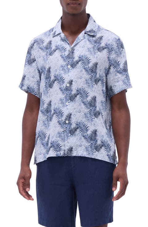 Jackson Floral Leaf Print Linen Camp Shirt