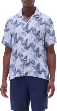 Bugatchi Jackson Floral Leaf Print Linen Camp Shirt