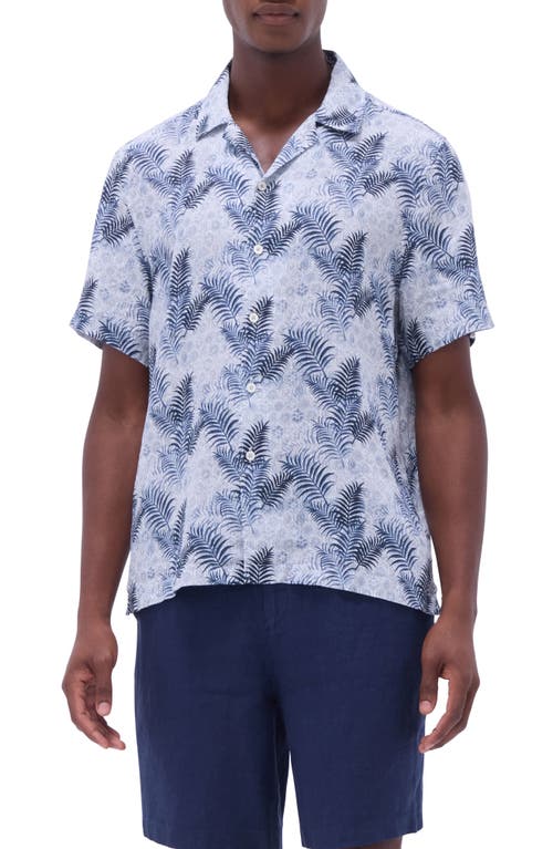 Bugatchi Jackson Floral Leaf Print Linen Camp Shirt In Teal