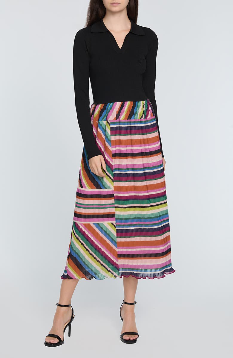 Elie Tahari The Maeve Mixed Media Long Sleeve Midi Dress, Alternate, color, Noir With Venus Stripe