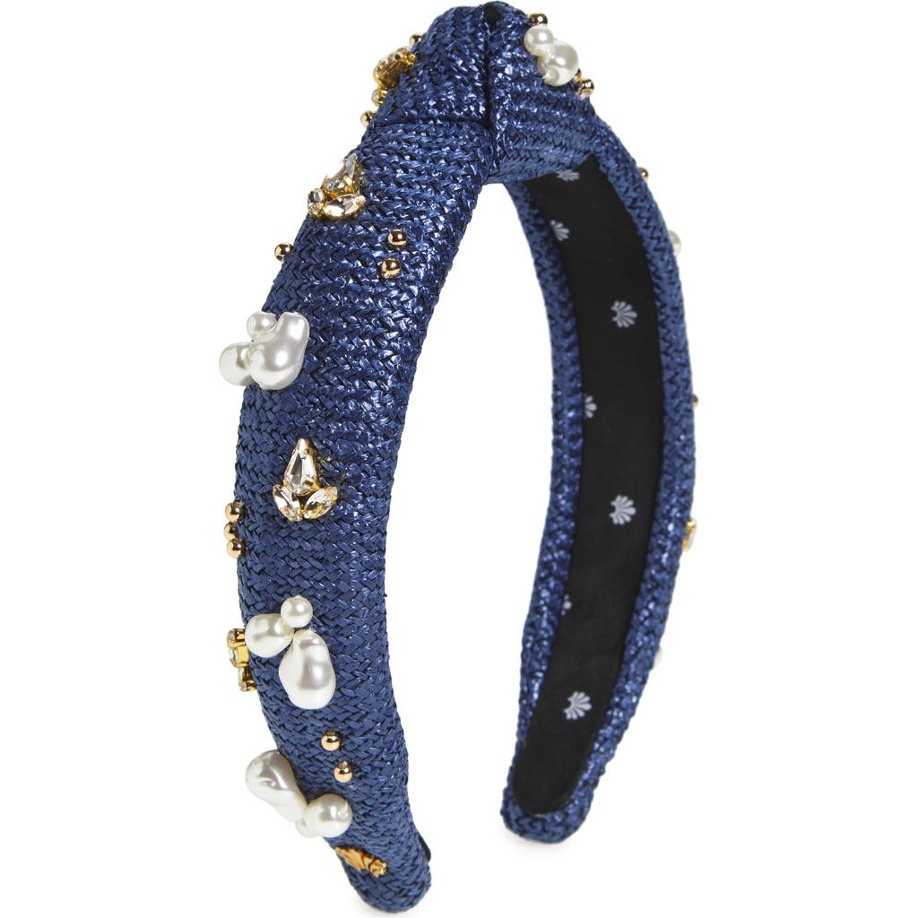 Lele Sadoughi Slim Knotted Oasis Embellished Raffia Headband In Blue