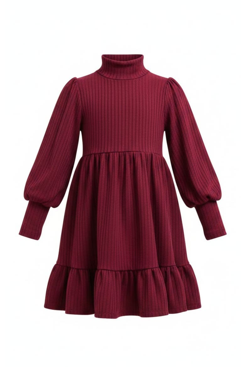 Snuggle & Twirl Ribbed Turtleneck Ruffle Dress, Main, color, Burgundy