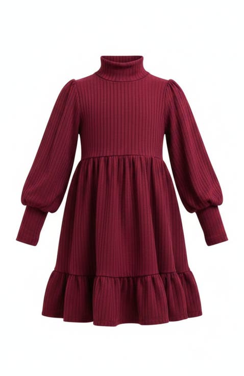 Snuggle & Twirl Ribbed Turtleneck Ruffle Dress