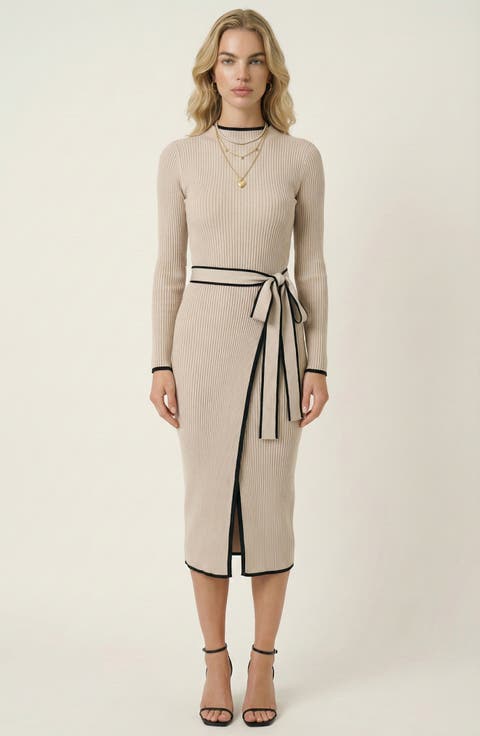 Ribbed Knit Contrast Trim Tie Waist Midi Dress