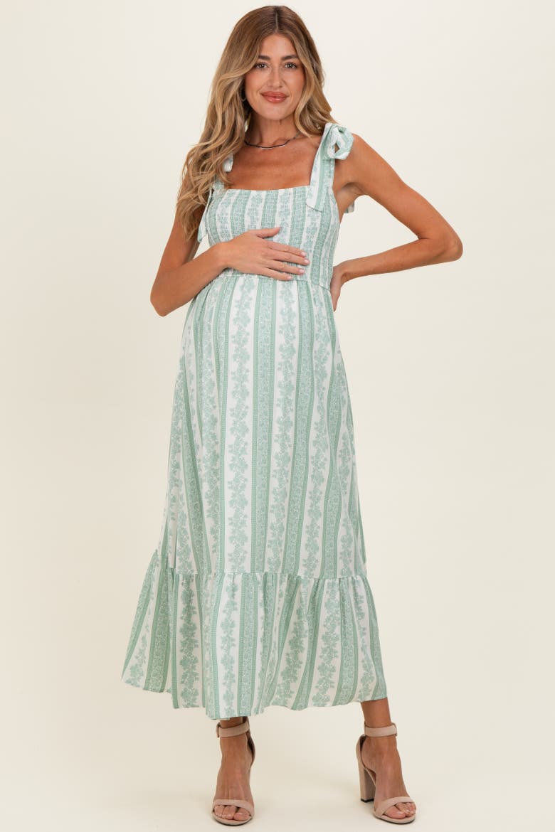 Floral Stripe Smocked Shoulder Tie Midi Dress, Main, color, Light Olive