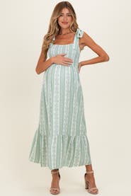 PinkBlush Floral Stripe Smocked Shoulder Tie Midi Dress