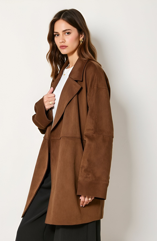 Modenaire Oversized Faux Suede Coat With Wide Lapels And Side Pockets In Brown