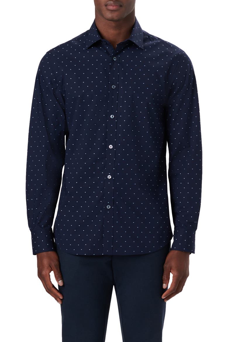 Shaped Fit Check Stretch Cotton Button-Up Shirt, Main, color, NAVY