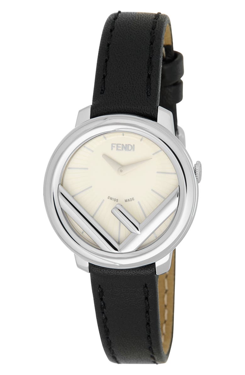 Fendi Run Away Stainless Steel Leather Strap Watch, 28mm, Main, color, 