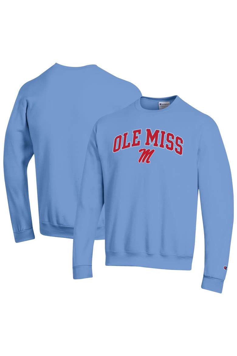 Men's Champion  Powder Blue Ole Miss Rebels Arch Over Logo Pullover Sweatshirt, Main, color, Powder Blue