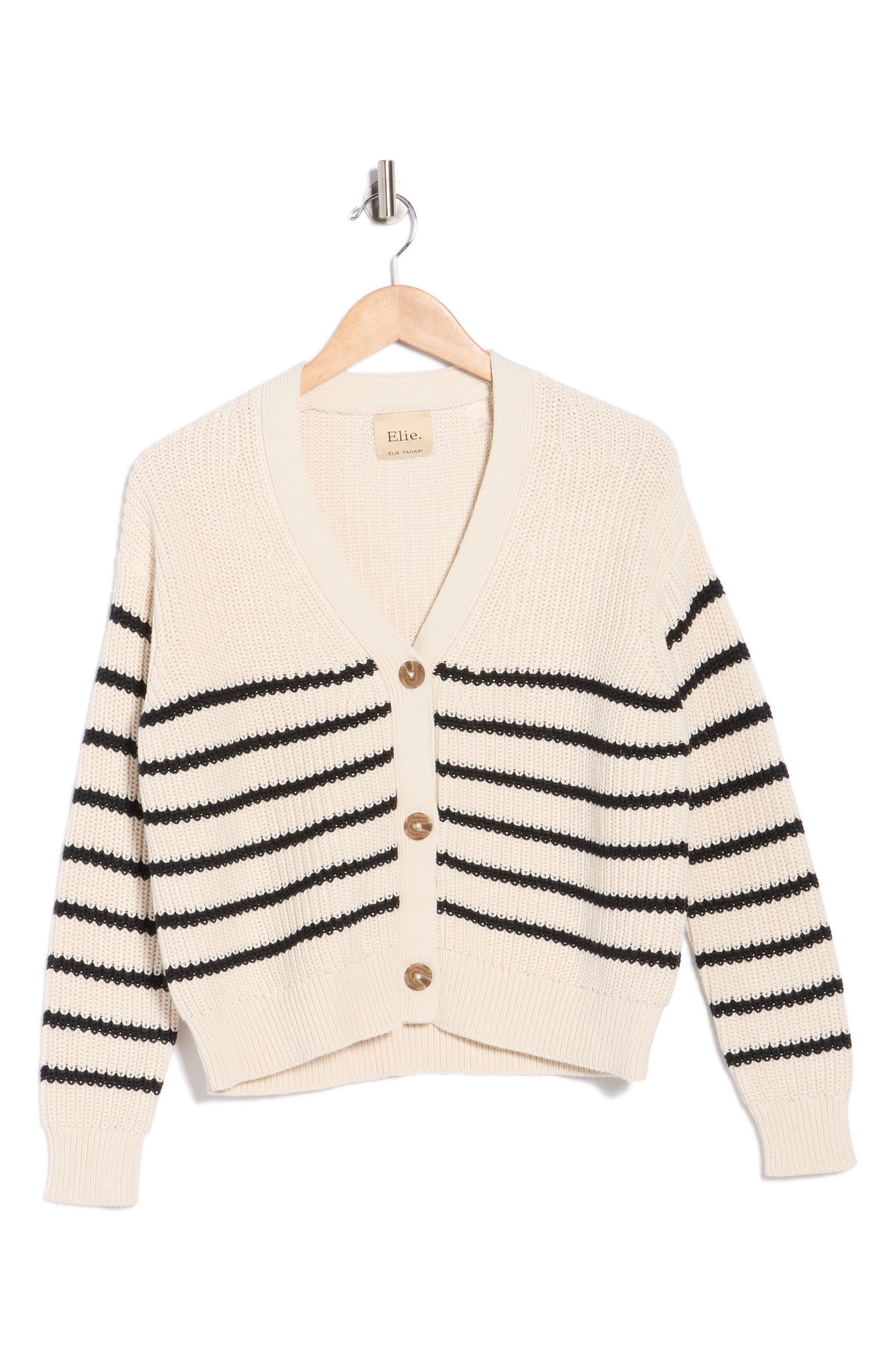 ELIE ELIE TAHARI Stripe V-Neck Cotton Cardigan