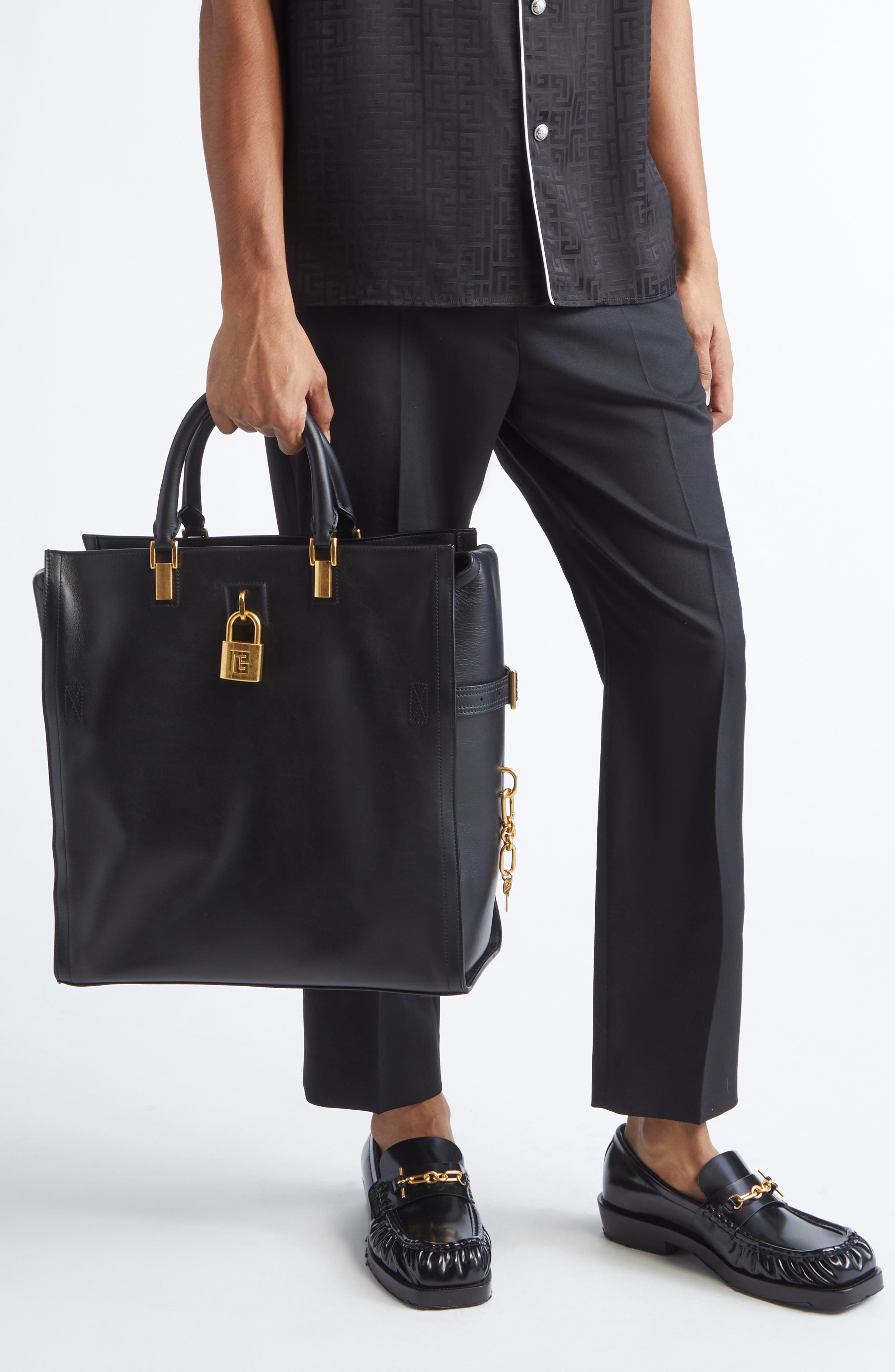 Balmain Large Pulse Waxy Calfskin Tote, Alternate, color, 0Pa Black