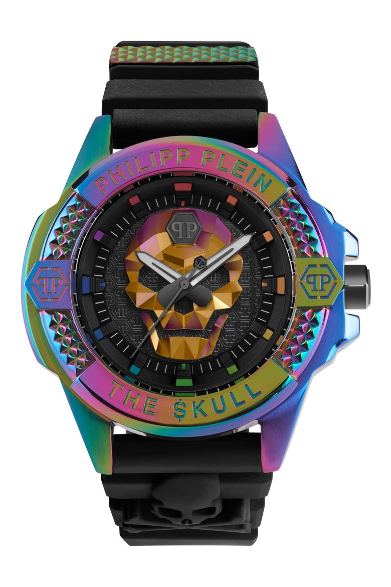 The Skull Silicone Strap Watch, 44mm, Main, color, IP RAINBOW