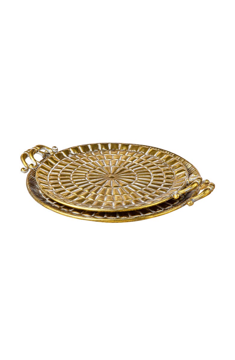 Glitzhome Set of 2 Round Metal Gold Embossed Decorative Tray with Handles, Alternate, color, Gold