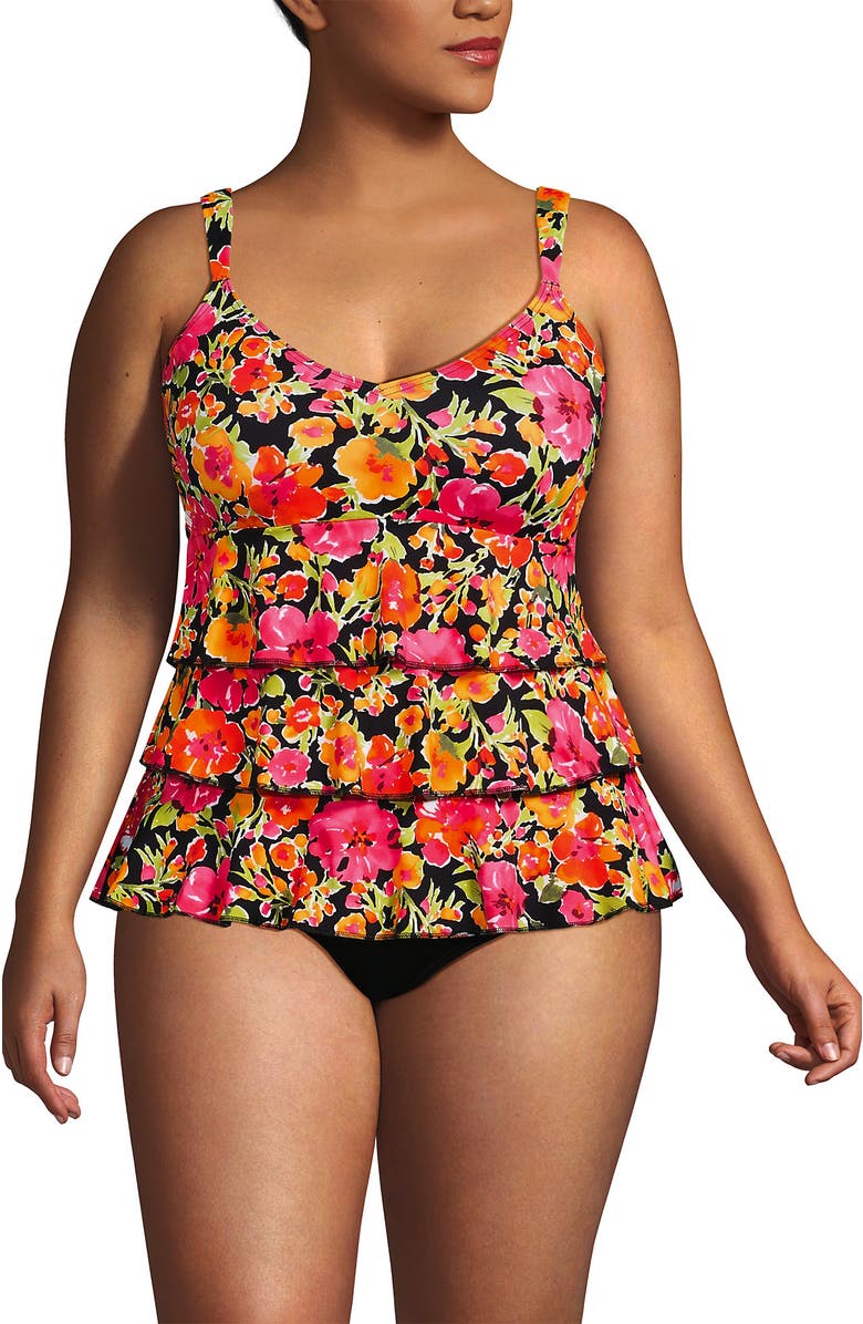 Lands' End Smoothing Control Ruffle Fauxkini One Piece Swimsuit, Main, color, Painted Blooms/Black