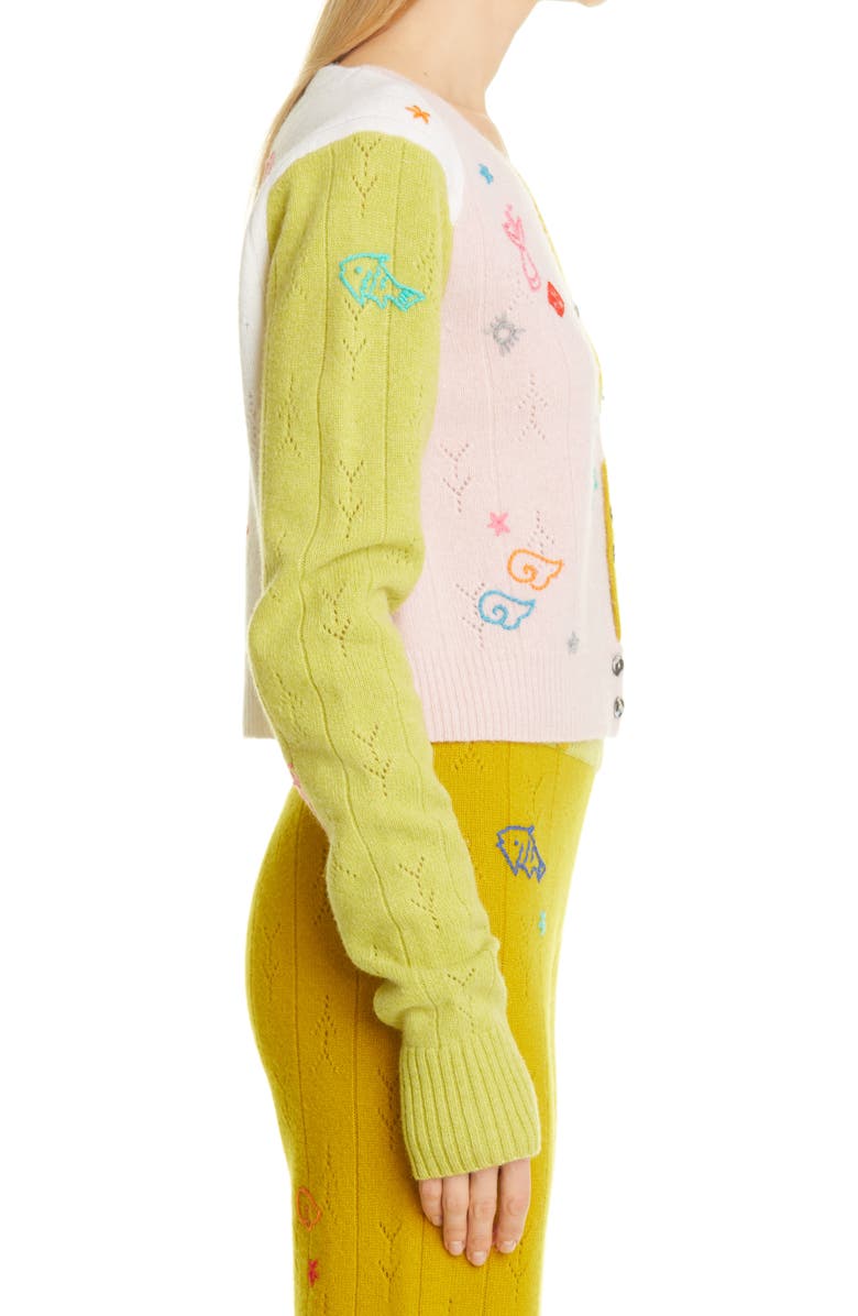 YanYan Curious Embroidered Colorblock Lambswool Cardigan, Alternate, color, 