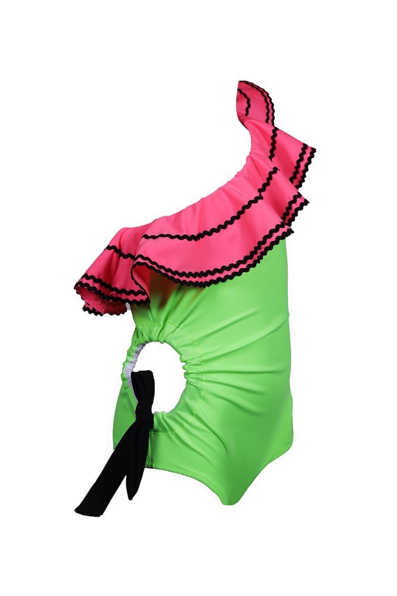 Kids' One Shoulder Ruffle Ric-Rac Trim Cut-Out Detail One Piece Swimsuit, Alternate, color, Green