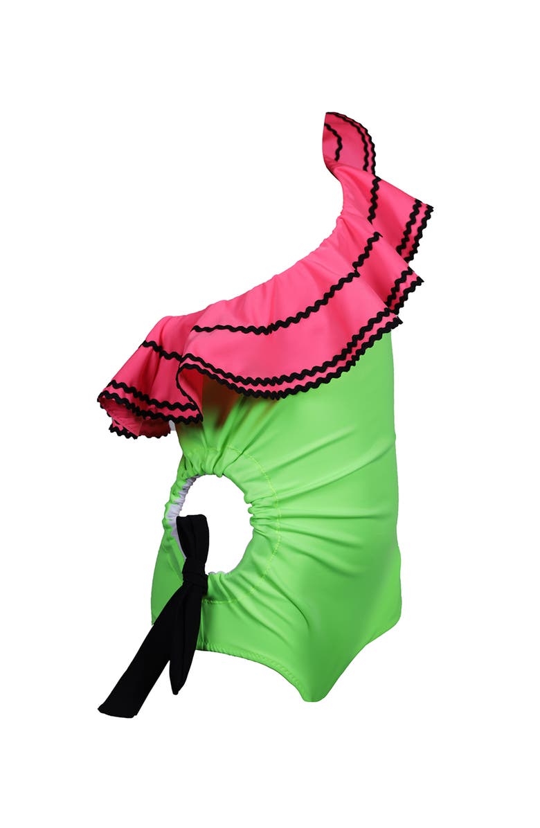 NESSI BYRD Kids' One Shoulder Ruffle Ric-Rac Trim Cut-Out Detail One Piece Swimsuit, Alternate, color, Green