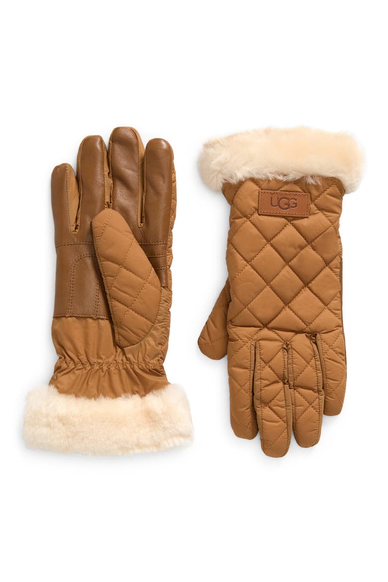 Faux Fur Trim Quilted Gloves, Main, color, CHESTNUT
