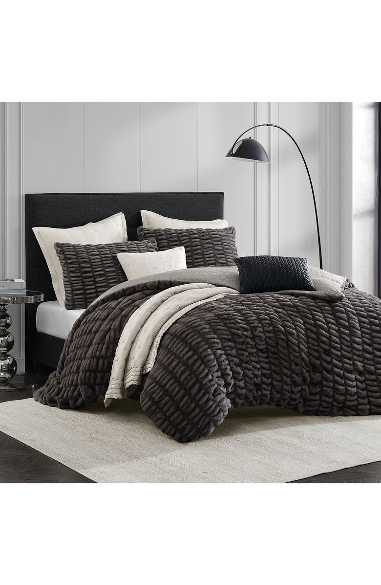 KARL LAGERFELD Ruched Faux Fur Duvet Cover Set, Alternate, color, Brown