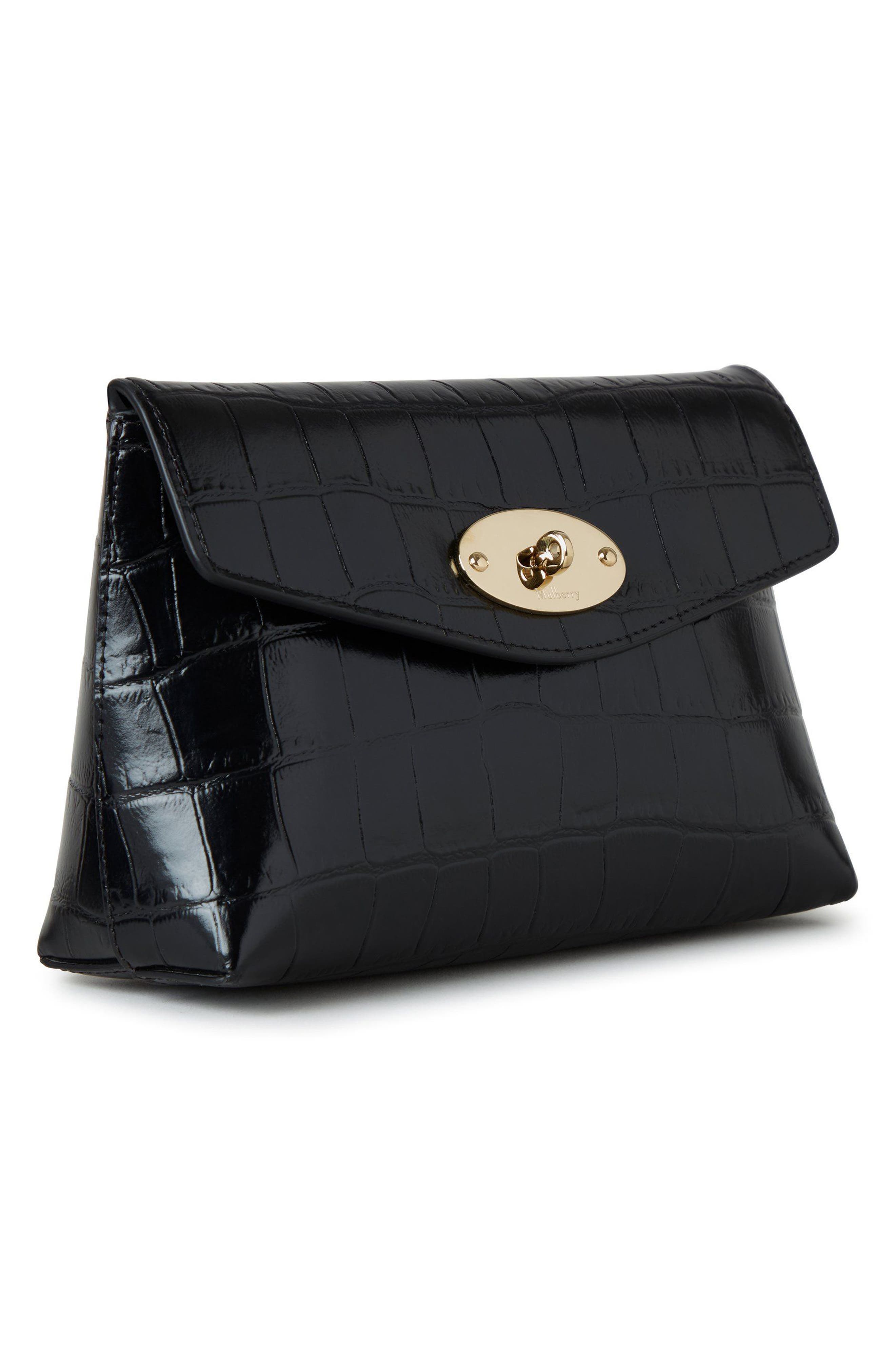 Mulberry Darley Shiny Croc Embossed Leather Cosmetics Pouch, Alternate, color, Black