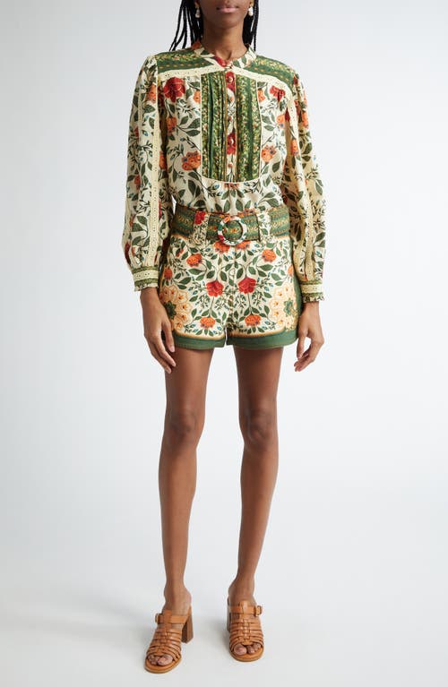 Shop Farm Rio Garden Tapestry Print Belted Cotton Twill Shorts In Garden Tapestry Sand