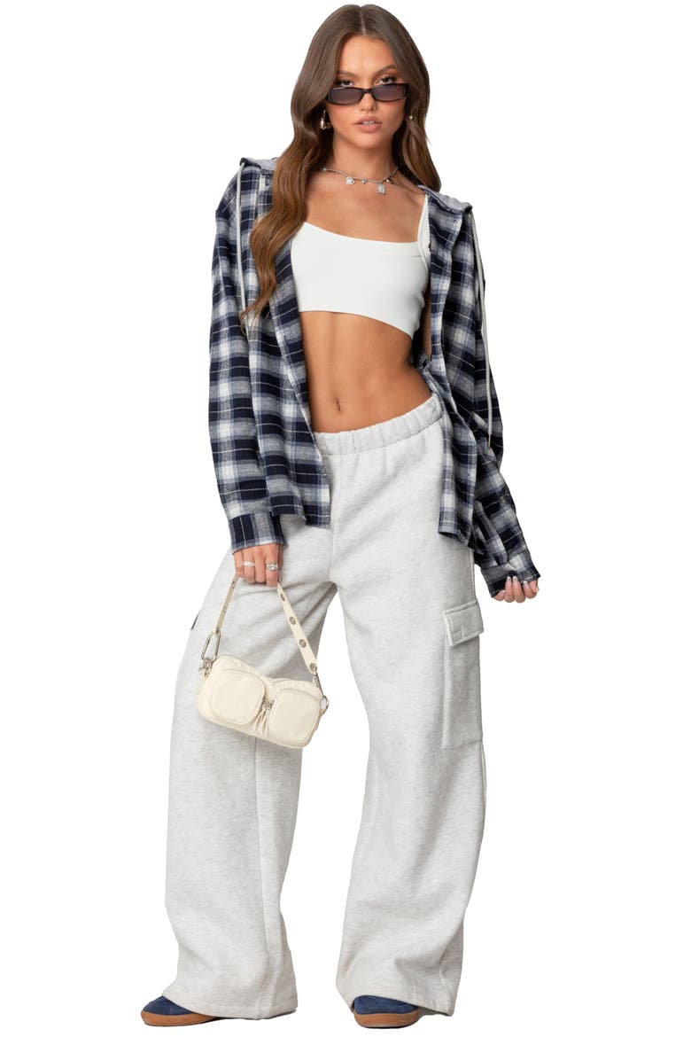 Plaid Cotton Blend Flannel Button-Up Hoodie, Alternate, color, NAVY