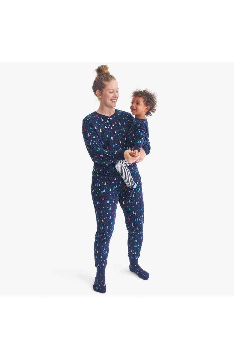 Primary Adult Organic Long Sleeve Henley Pj Top In Holiday Prints, Alternate, color, Navy Rainbow Trees