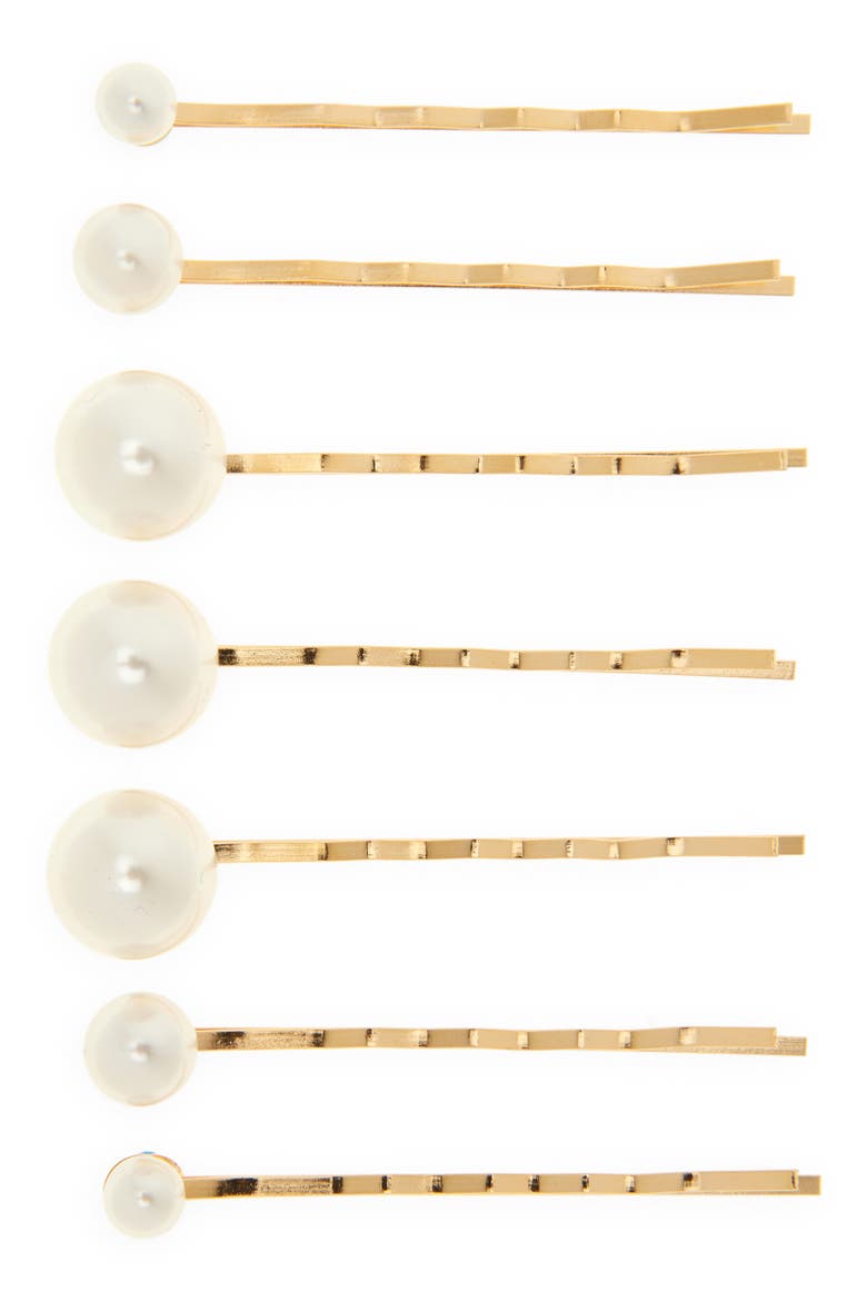Perla Set of 7 Faux Pearl Bobby Pins, Main, color, PEARL