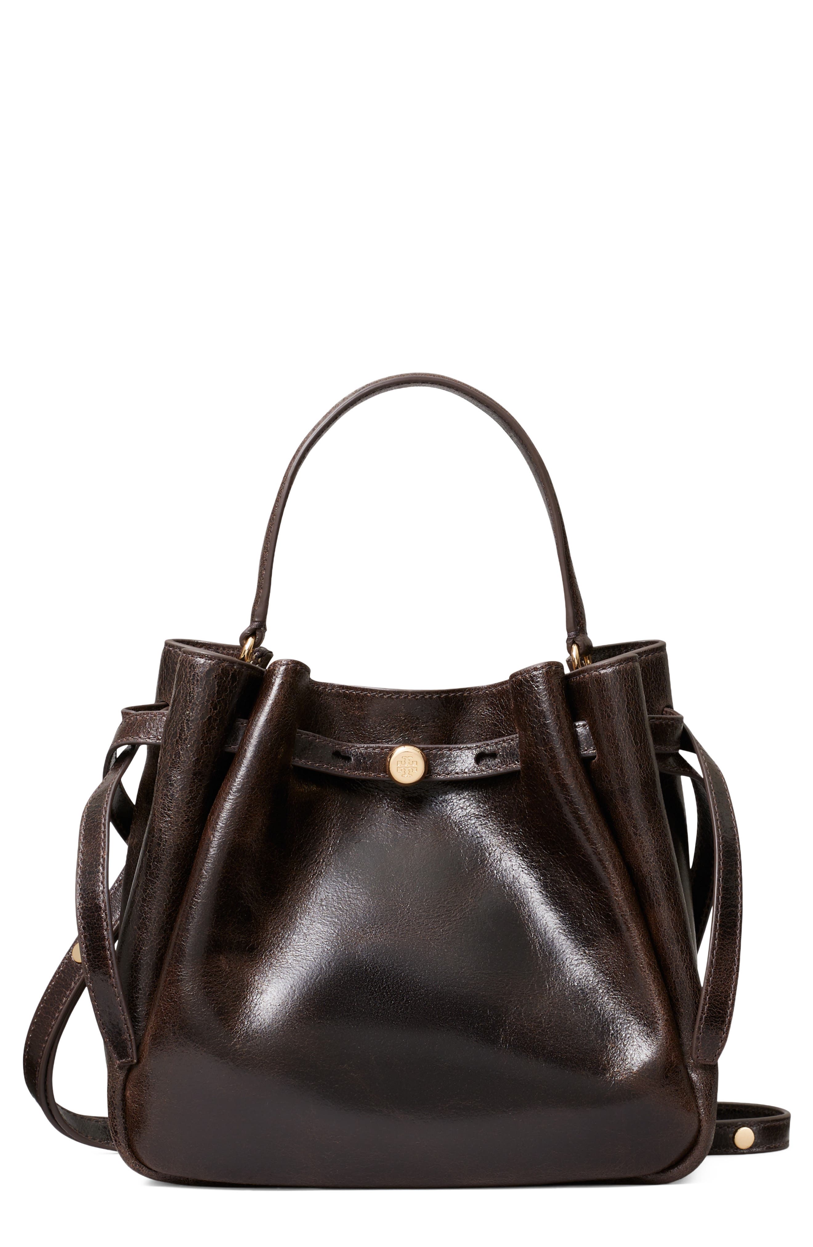 Romy Distressed Leather Bucket Bag, Main, color, DARK BROWN