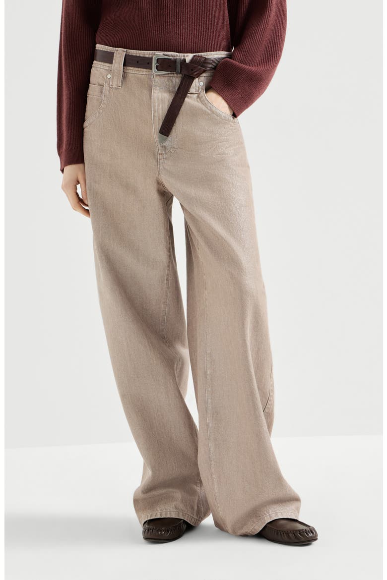 Beige lamé denim baggy trousers with monili, Main, color, Rope