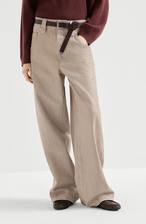 Beige lamé denim baggy trousers with monili