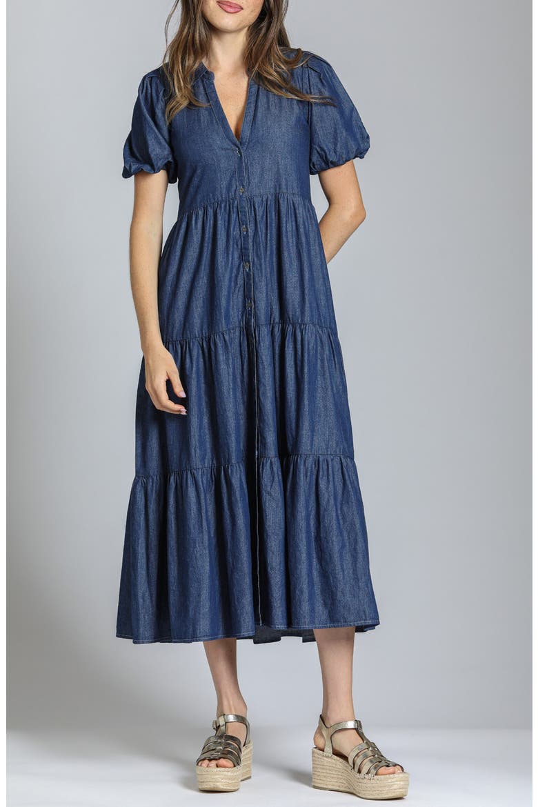 tiered denim dress women Long Tiered Dress With Puff Sleeve Medium Indigo - Long Tiered Dress / M