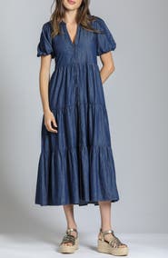 APNY Puff Sleeve Tiered Denim Maxi Dress