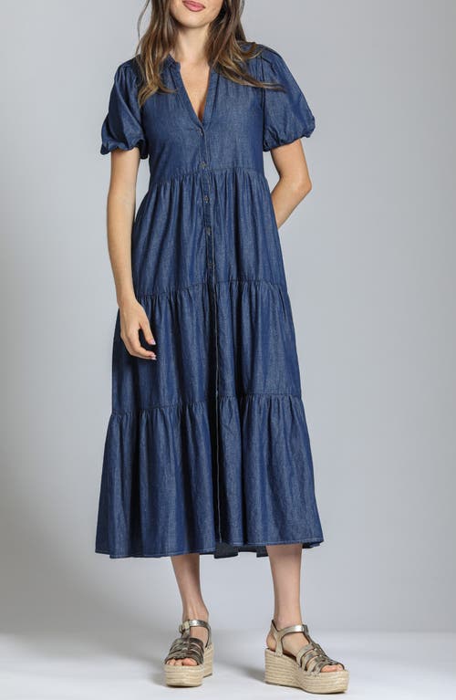 Apny Puff Sleeve Tiered Denim Maxi Dress In Dark Indigo