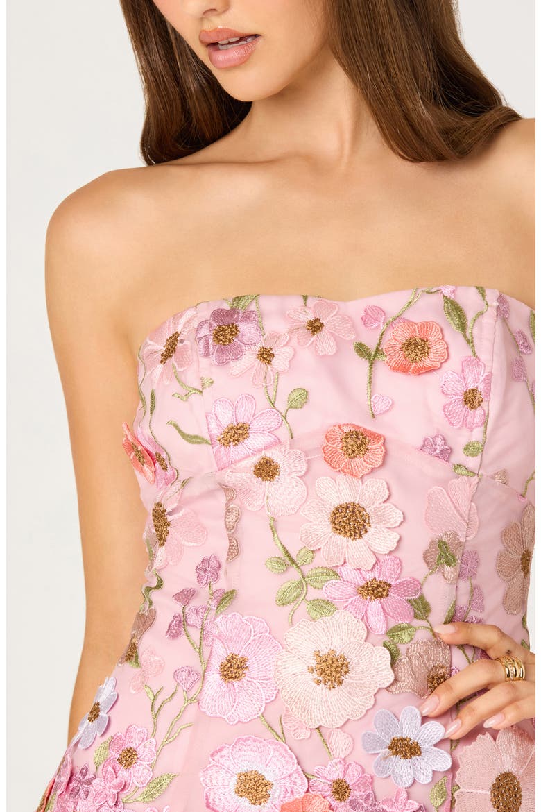Julissa 3D Floral Appliqué Strapless Minidress, Alternate, color, PINK FLORAL