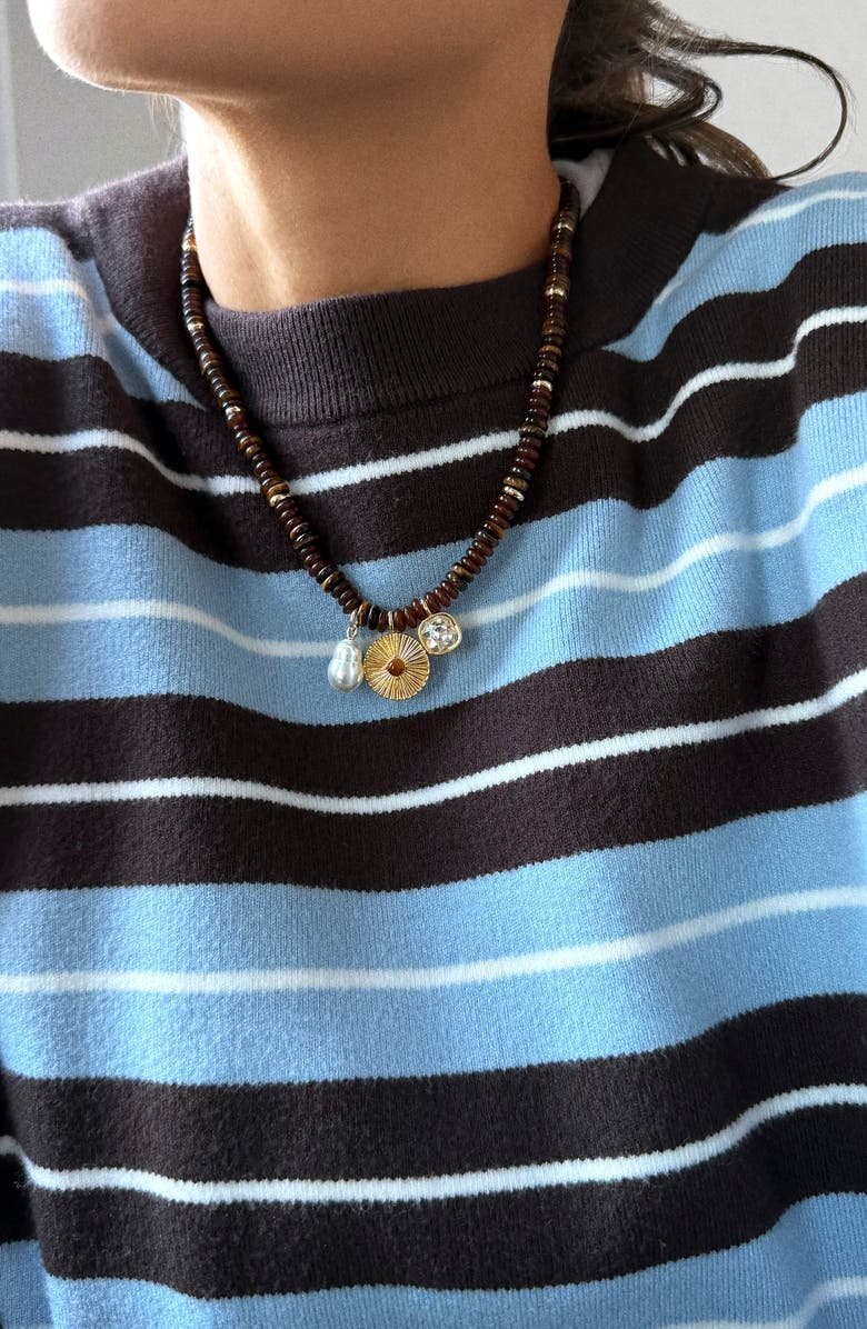 BaubleBar Malia Tiger's Eye Charm Necklace, Alternate, color, Brown