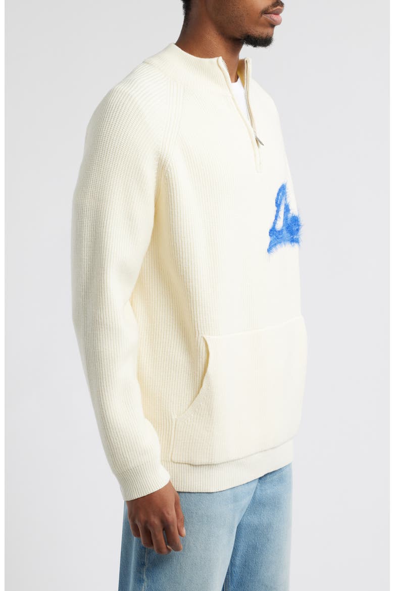 Fuzzy Logo Waffle Knit Quarter Zip Pullover, Alternate, color, CREAM/ BLUE