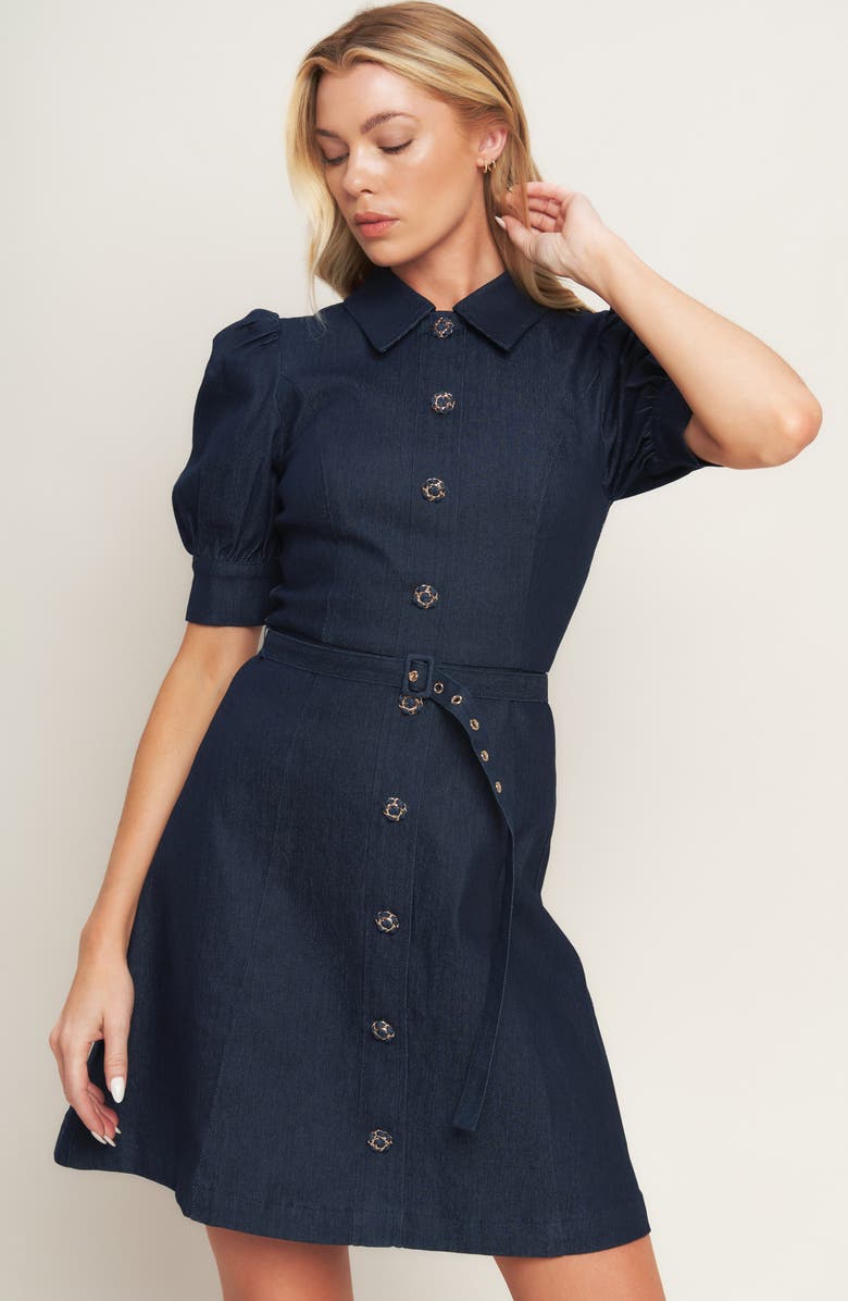 FLYING TOMATO Puff Shoulder Denim Minidress, Alternate, color, Dark Indigo