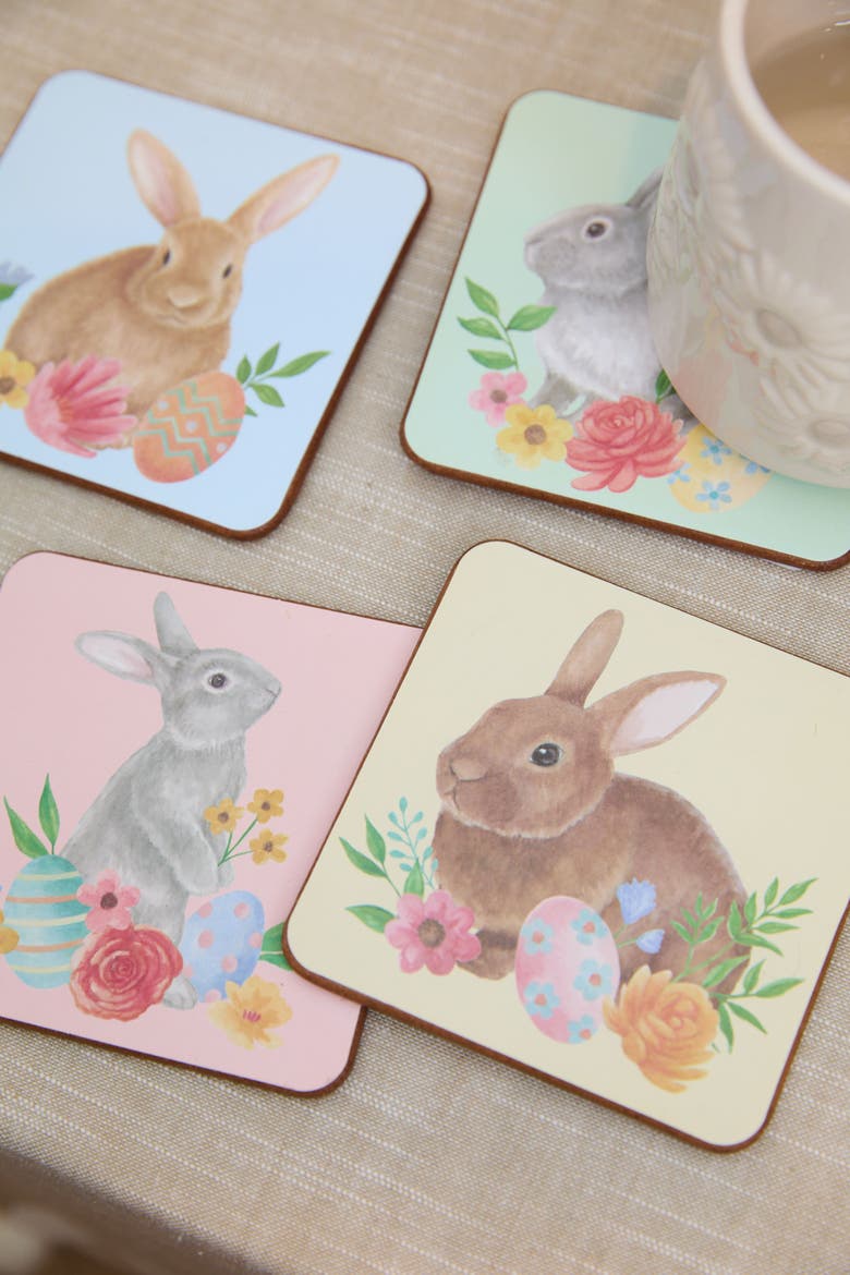 Easter Rabbits & Flowers Set of 4 Drink Sitter Coasters 4", Alternate, color, Brown