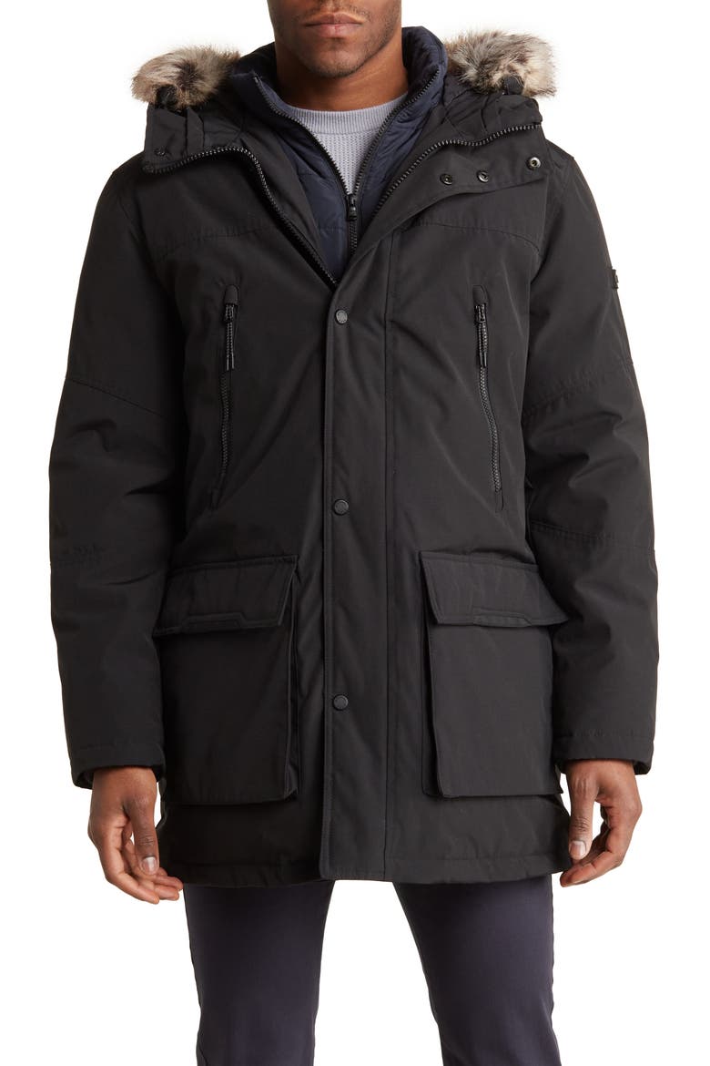 Benson Faux Fur Trimmed Hooded Jacket, Main, color, BLACK
