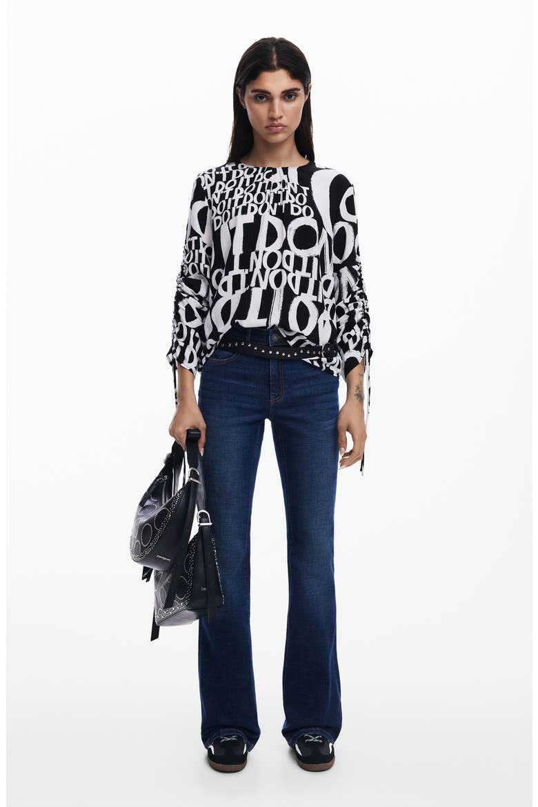 Lettering Ruched Sleeve Top, Alternate, color, BLACK