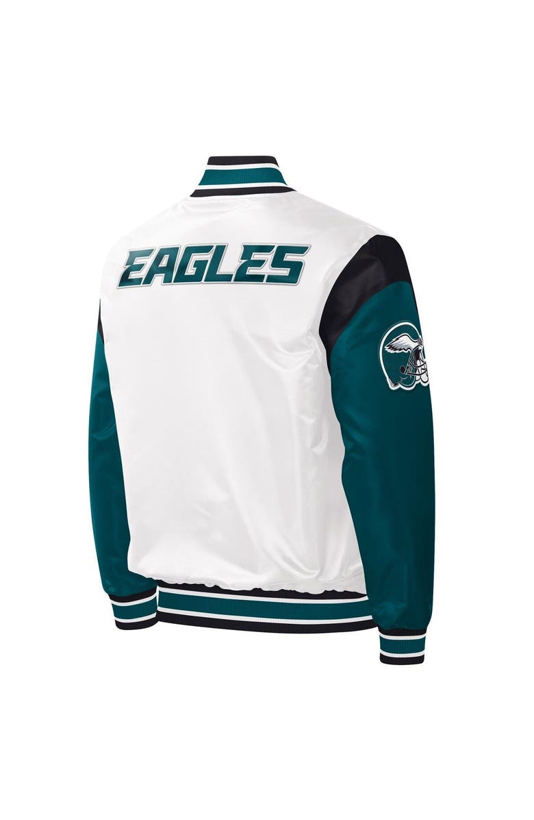 STARTER Men's Starter White Philadelphia Eagles Throwback Warm Up Pitch Satin Full-Snap Varsity Jacket, Alternate, color, 