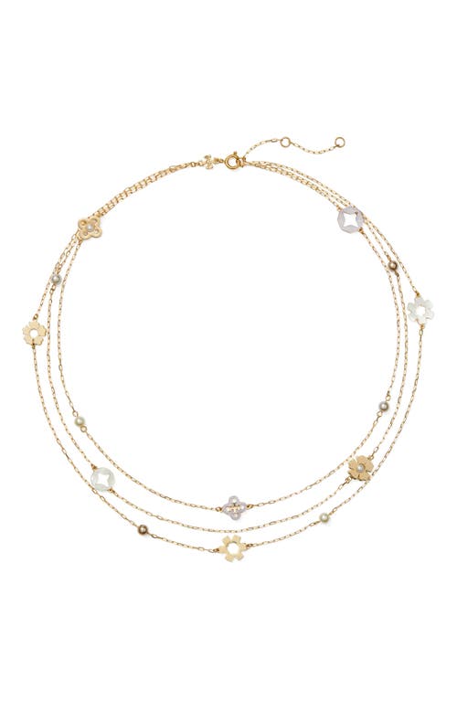 Tory Burch Triple Strand Station Necklace In Gold