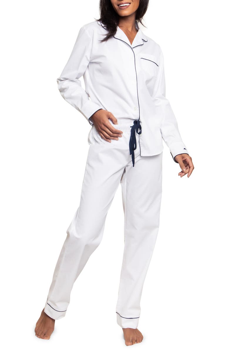 Petite Plume Contrast Piping Pajamas, Main, color, White