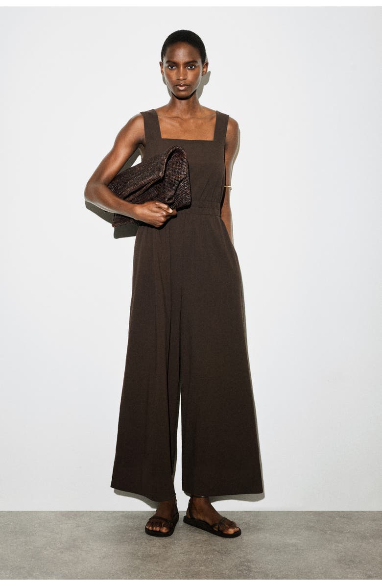 COS Open-back Seersucker Wide-leg Jumpsuit, Main, color, Brown