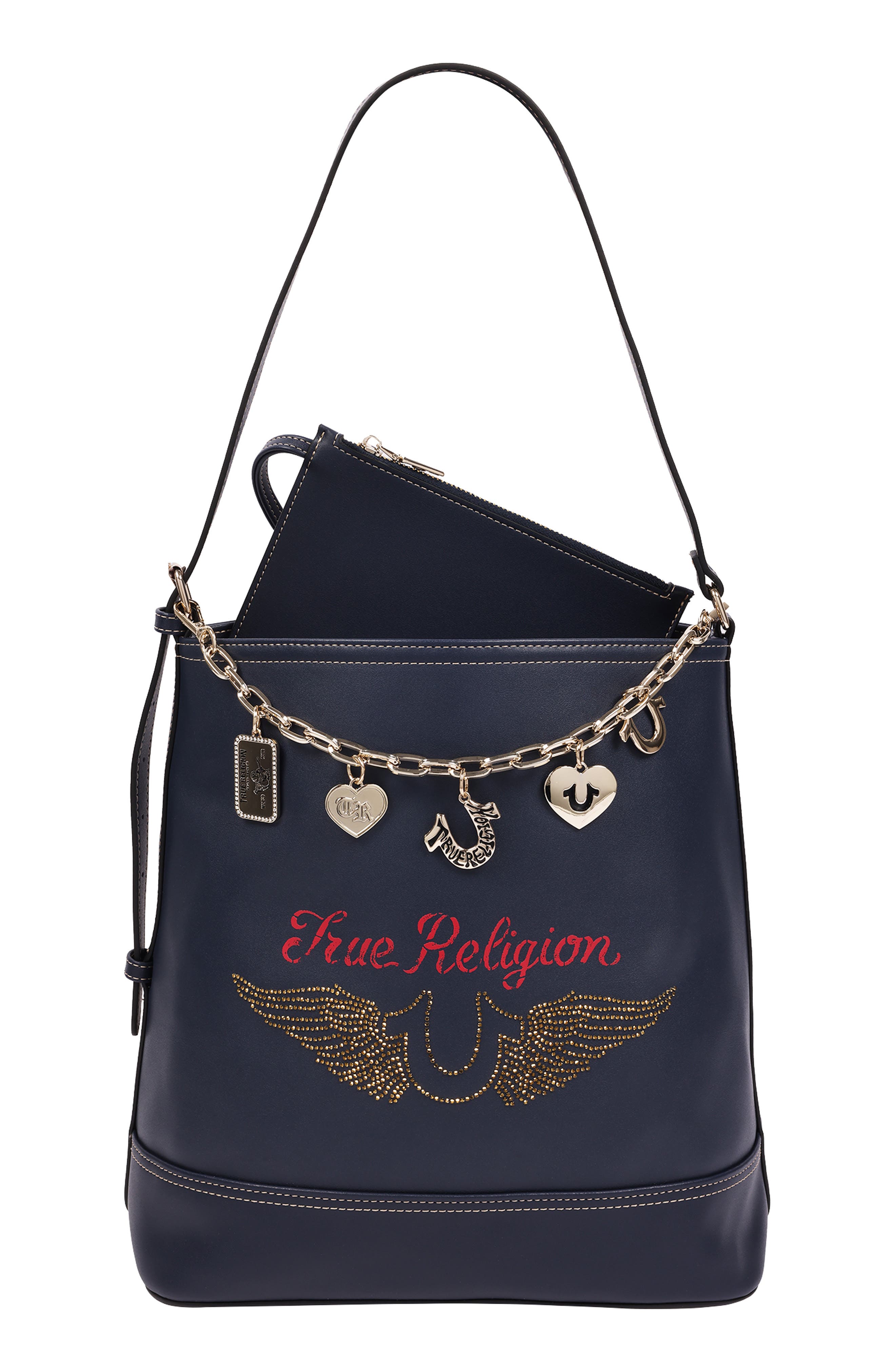 Chain Moto Faux Leather Bucket Bag & Pouch Set