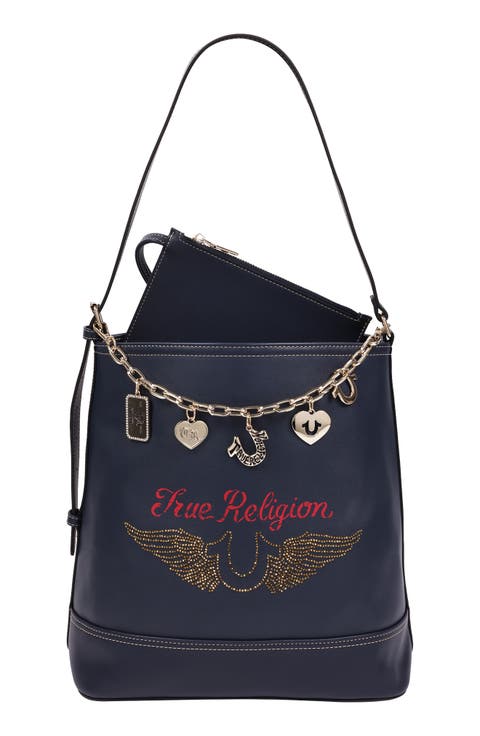 Chain Moto Faux Leather Bucket Bag & Pouch Set